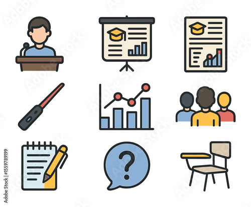 Student Research Icons. Flat icon set of student research presentation: student speaker, projector screen,