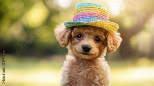 Poodle puppy playing dress-up in funny hats