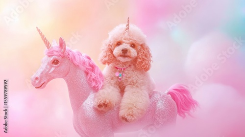 Poodle puppy riding a unicorn in a magical pastel world