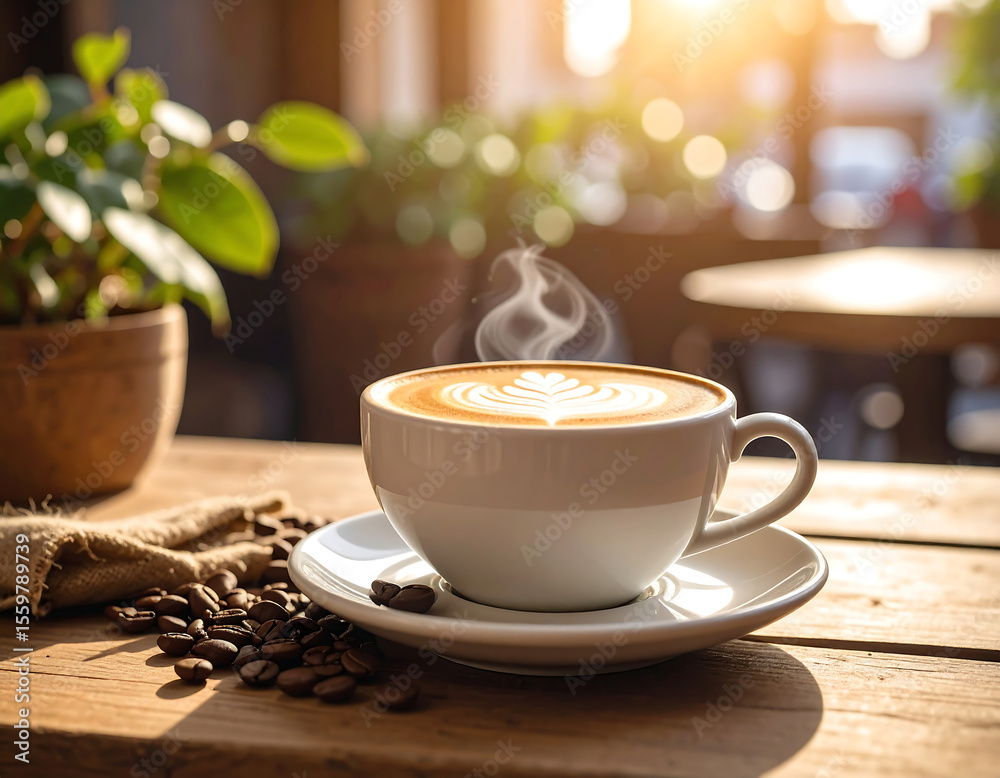 Fototapeta premium Steaming cup of coffee with latte art on a wooden table near greenery.