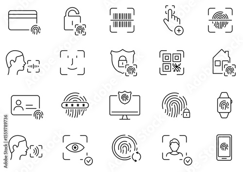 Icon set for biometric authentication, fingerprint, palm vein, iris, DNA, voice, and face
