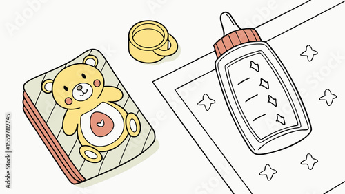 Baby essentials illustration featuring a teddy bear blanket, baby bottle, and cup for new parents needs