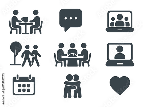 Adult Friendship Icons. Flat icon set of evolving adult friendships: coffee meetup, text message, group chat