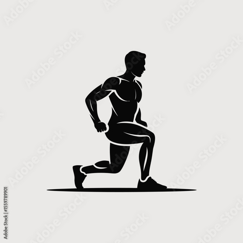 Black Silhouette of Muscular Man Performing a Lunging Exercise Fitness Workout Vector Icon Graphic Design
