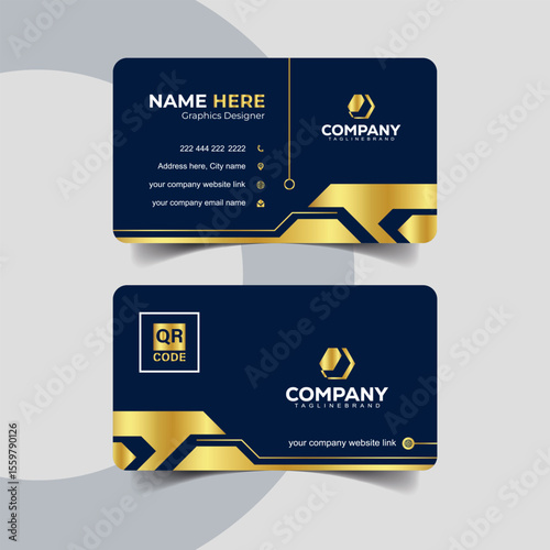Elegant Navy Blue and Gold Business Card Template with Thin Line Frame. Elegant corporate card template featuring dark navy blue with golden highlights.