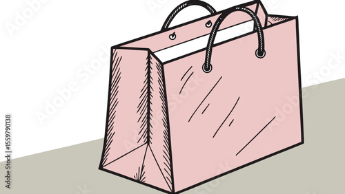 Pink shopping bag illustration for retail purchases and gift giving with rope handles and black outline