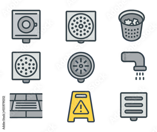 Earthquake Monitoring Icons. Solid, filled icons set of earthquake monitoring systems: seismograph, fault line