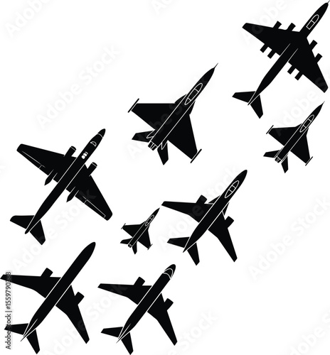 Black silhouette of multiple airplanes flying in formation – top view, different aircraft types arranged diagonally – flat minimal vector on clean white background