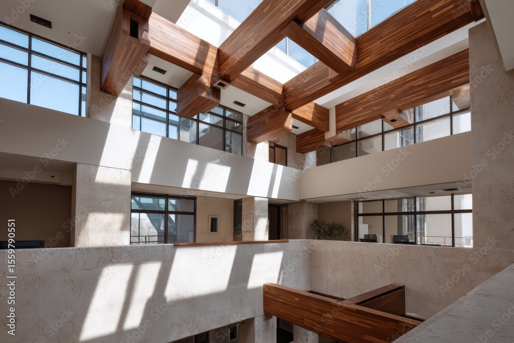 Obraz premium An architect open office in basalt and off-white sunlight streaking geometric window panels depth of field creating visual