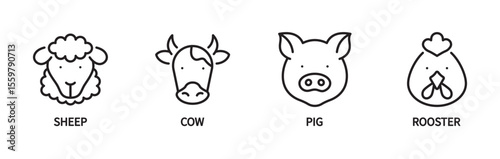 Farm agriculture animal icon set. Sheep, cow, pig and rooster icons. Editable stroke. Vector illustration. 