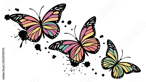 Beautiful butterfly vector art design with colorful wings and ink splashes for creative projects and designs