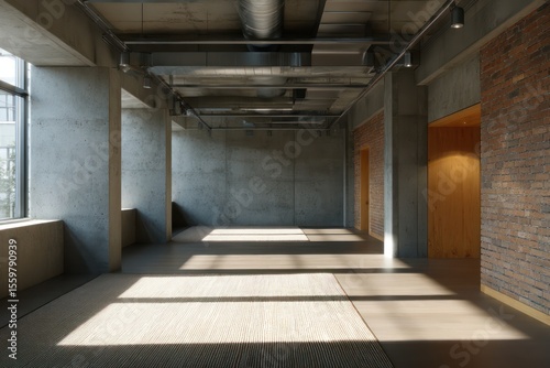 An industrial-modern office in concrete gray and amber gold angled sunlight producing geometric wall shadows DOF concentrating on