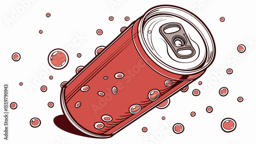 Illustration of red soda can with bubbles, refreshing drink beverage, aluminum can, fizzy drink, soda pop