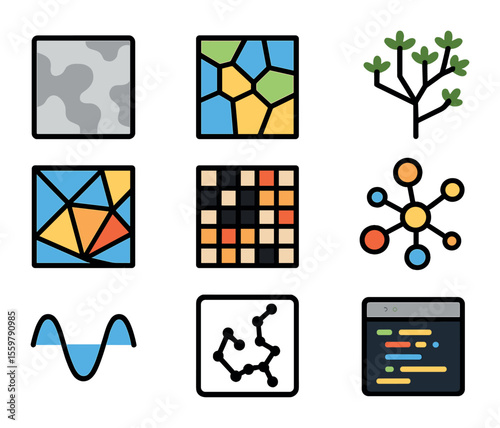 Digital Art Algorithm Icons. Flat icon set of digital art algorithms: Perlin noise, Voronoi pattern, L-system,