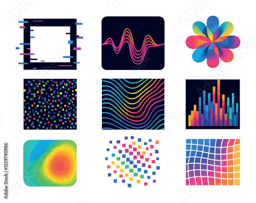 Abstract Icon Grid. Flat icon set of abstract computational visuals: glitch frame, waveform, kaleidoscope view