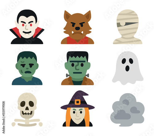 Classic Monster Icons. Flat icon set of classic monsters: vampire, werewolf, mummy, zombie, Frankenstein’s