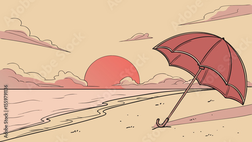 Beach sunset with umbrella vector illustration summer vacation travel destination landscape background design