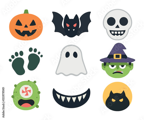 Halloween Monster Icons. Flat icon set of Halloween monsters: jack-o’-lantern face, bat monster, skeleton grin