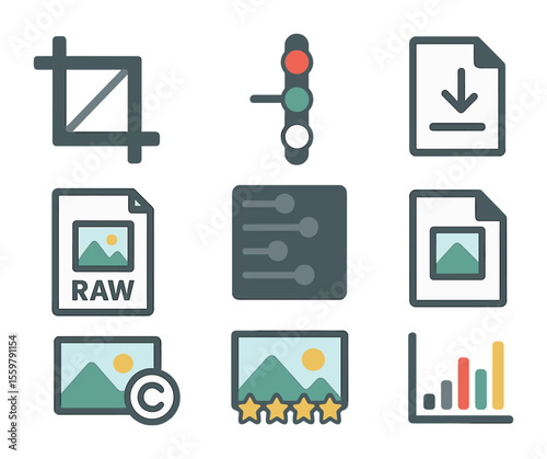 Photo Editing Icons. Flat icon set of photo editing for journalism: crop tool, color adjuster, contrast scale,