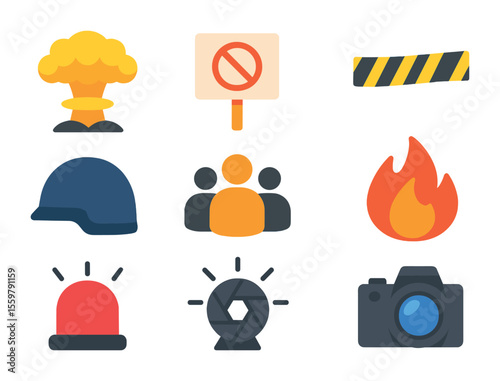 Breaking News Icons. Flat icon set of breaking news photography: explosion icon, protest sign, police tape,