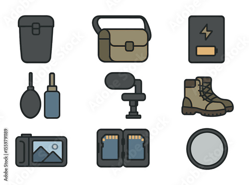 Photojournalist Gear Icons. Flat icon set of photojournalist gear: lens pouch, shoulder bag, backup battery,