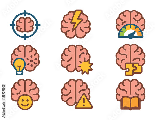 Brain Performance Icons. Flat icon set of brain performance after quality sleep: concentration icon, fast
