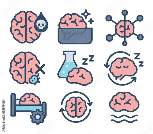 Restorative Brain Functions Icons. Flat icon set of restorative brain functions during sleep: toxin removal,
