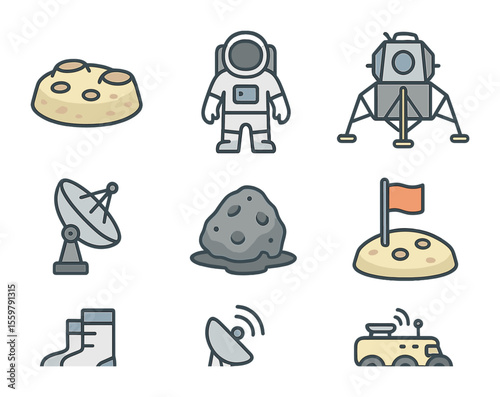 Lunar Exploration Icons. Flat icon set of lunar exploration: moon surface, astronaut, lunar module, moon rover