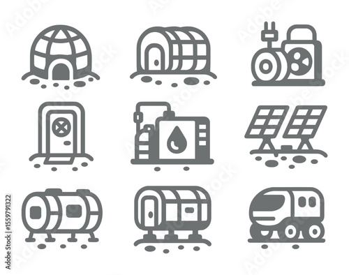 Lunar Habitat Icons. Flat icon set of lunar habitats and bases: moon dome, inflatable habitat, power generator