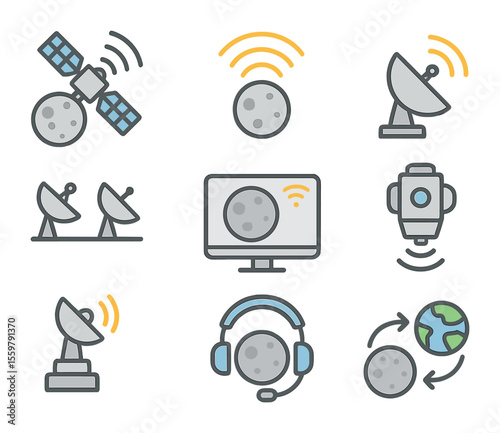 Lunar Communication Icons. Flat icon set of lunar communication systems: moon relay satellite, transmission