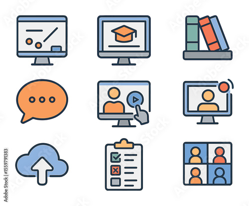 Virtual Learning Icons. Flat icon set of virtual learning environment: online whiteboard, e-learning platform,