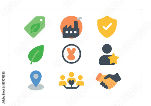 Brand Values Icons. Flat icon set of brand perception and values: eco label, made in icon, ethical badge,