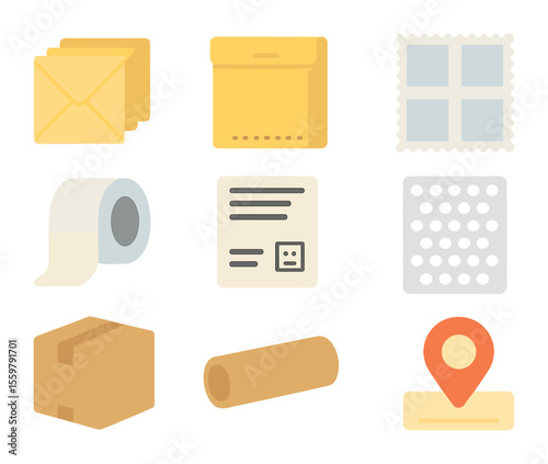 Mail Supplies Icons. Flat icon set of mail supplies for sale: envelope stack, padded mailer, stamp sheet,