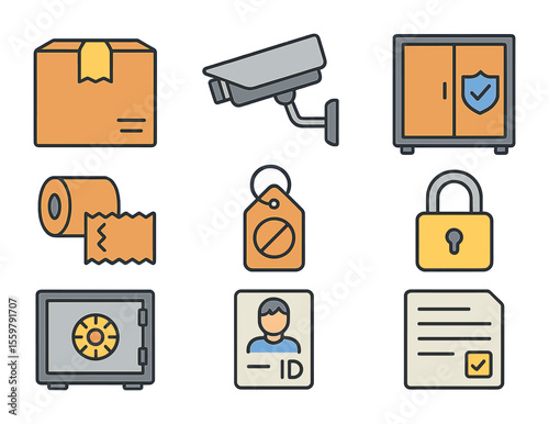 Package Security Icons. Flat icon set of package security at the post office: sealed parcel, CCTV icon, secure