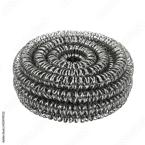 Shiny metal scrubber pad with coiled wire texture isolated on transparent background