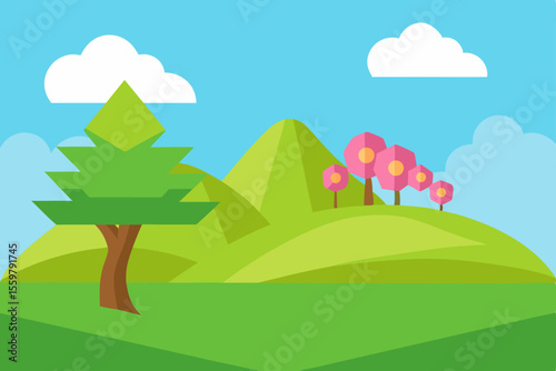 A Beautiful Cartoon Landscape With Mountains Cloud