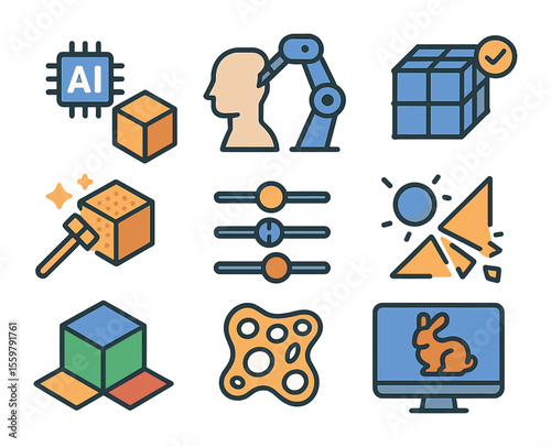 3D AI Icon Set. Flat icon set of AI in 3D design and modeling: AI model generation, smart sculpt tool, mesh