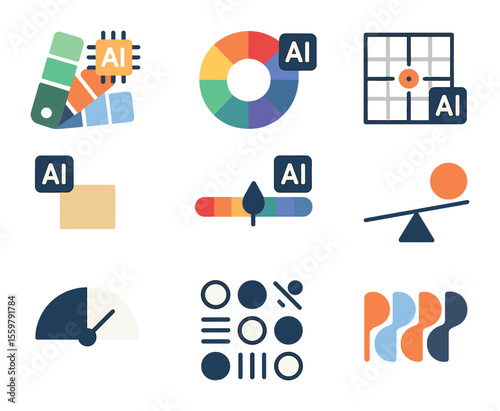 AI Design Tool Icons. Flat icon set of AI color and composition tools: palette generator, color harmony tool,
