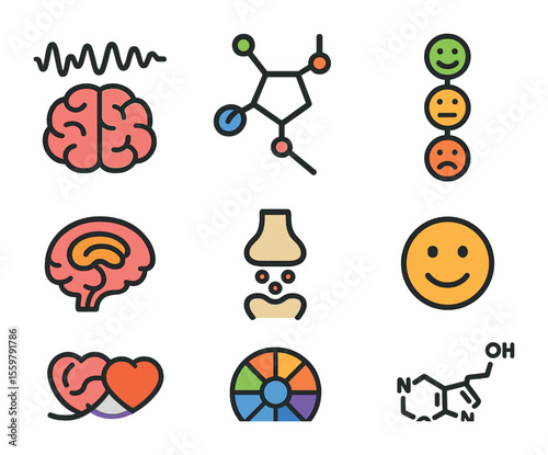 Neuroscience Emotion Icons. Flat icon set of neuroscience and emotions: brain waves, neurotransmitters, mood