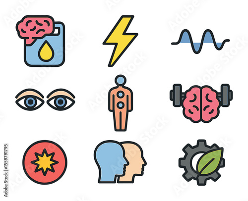 Brain-Body Icon Grid. Flat icon set of brain-body performance: brain fuel icon, clarity bolt, flow state wave,