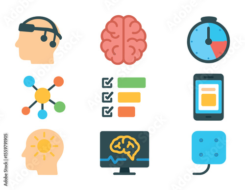 Cognitive Tools Icons. Flat icon set of cognitive enhancement tools: EEG headset, brain icon, focus timer,