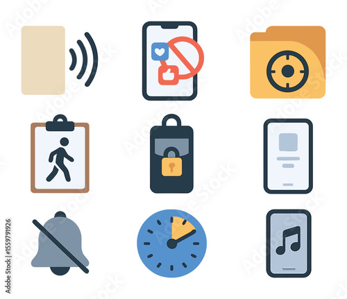 Focused Work Icons. Flat icon set of focused work sessions: noise-blocking wall, digital detox icon, deep work