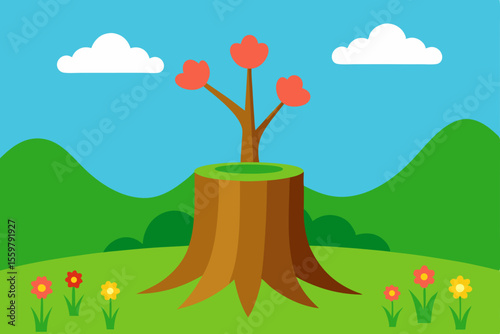 Scene With Stump Tree In Flower Field