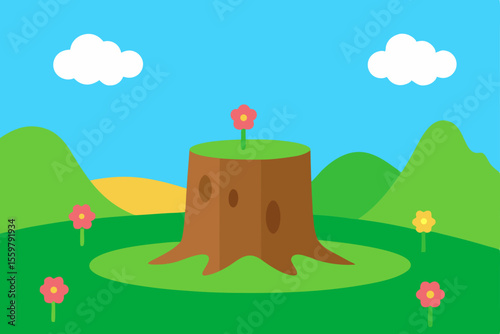 Scene With Stump Tree In Flower Field