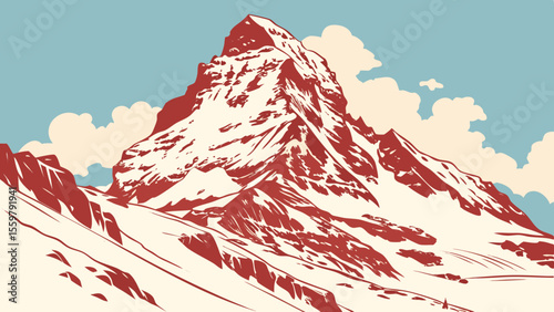 Vintage mountain landscape illustration of snowy peaks with clouds and blue sky scenic view art print