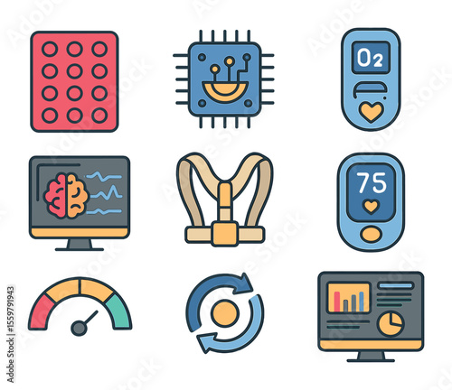 Biohacking Tools Icons. Flat icon set of biohacking tools and devices: infrared light panel, biometric chip,