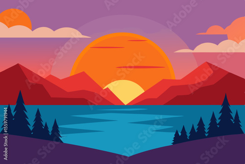 Scene With Sunset At The Lake Background