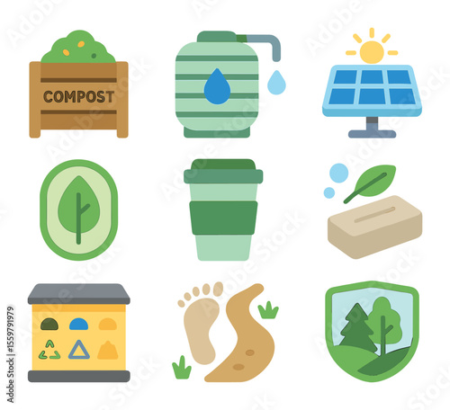 Eco-Friendly Icons Set. Flat icon set of eco-friendly rural tourism: compost bin, rainwater tank, solar panel,