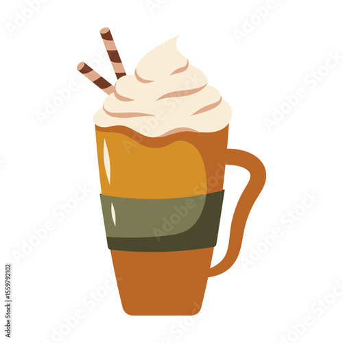 Hot drink in a mug, topped with whipped cream and wafer rolls, hot chocolate . Vector illustration