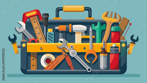 A sturdy metal toolbox showcases professional-grade hand tools—hammer, wrenches, pliers, screwdriver, and tape measure—neatly arranged against a transparent backdrop, symbolizing precision, durability